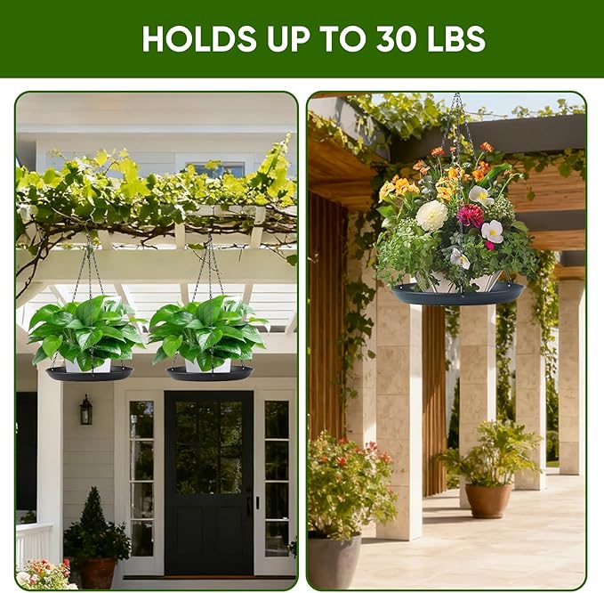 Plant Hanger Indoor Outdoor, 2-Pack Black Metal Hanging Plant Shelf & Window Planter Basket with 9.8/11.8 Inch Trays - Heavy Duty Plant