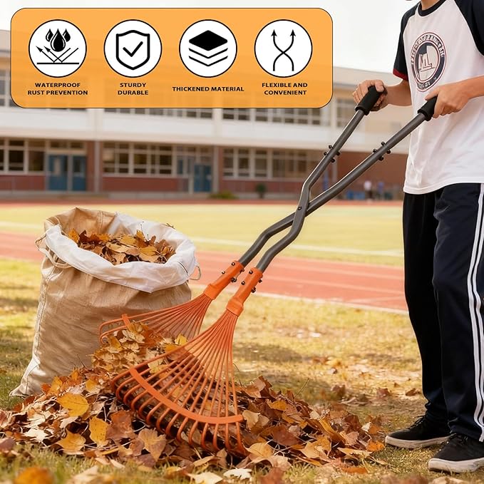 Leaf Grabber Rake with Long Handle, Black and Orange, Heavy-Duty Garden Lawn Cleanup Tool