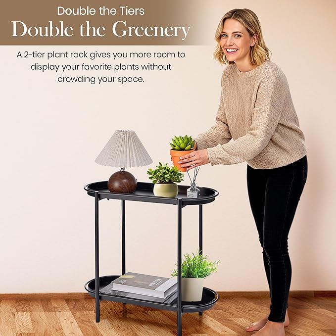 Large Metal 2-Tier Plant Stand – Sleek Black Indoor/Outdoor Flower Pot Shelf with Oval Trays, Space-Saving Modern Storage Rack for Plants, Decor, or Small Furniture Accent