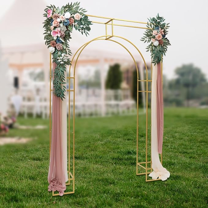7.87ft Tall Double Arch Wedding Backdrop Stand, Gold Metal Open Arch Backdrop, Frame Square Shaped Wedding Arches for Ceremony Baby Shower Garden Birthday Party