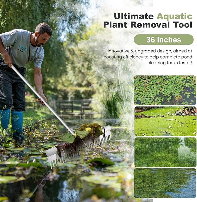 Landscape Rake, 36" Aluminum Heavy Duty Lake Weed Rake, Multifunctional Detachable Aquatic with 134'' Extension Handle & 20Ft Rope, for Weed Algae Removal Loosening Soil Lawn Garden Care