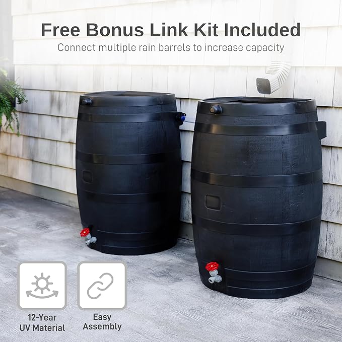RTS Home Accents 50-Gallon ECO Rain Barrel Made with 100% Recycled Plastic, Flat Back Rain Water Collection Barrel, Link Kit Included, Black (2 Pack)