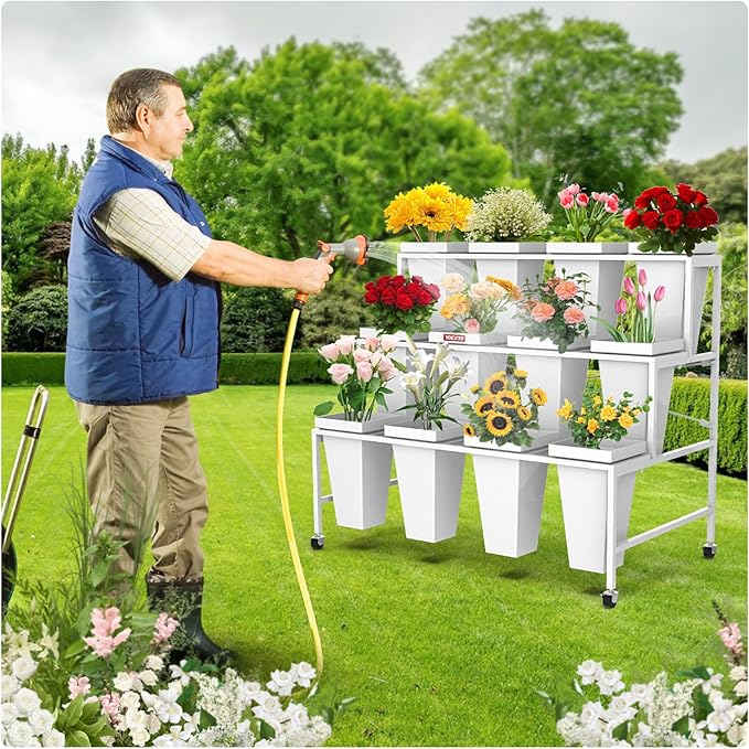3 Layers Flower Display Stand with Buckets, 12 PCS Buckets Plant Stand with Wheels, Movable Metal Plant Stand for Terrace Garden, Living Room, Florist Shop