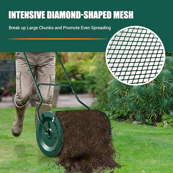 Goplus 24" Compost Spreader, Peat Moss Spreader w/Upgrade U-Shaped Handle, Side Latches, Heavy Duty Metal Mesh Lawn Roller for Topdressing & Seedling, Garden & Lawn Yard Care Manure Spreader, Green