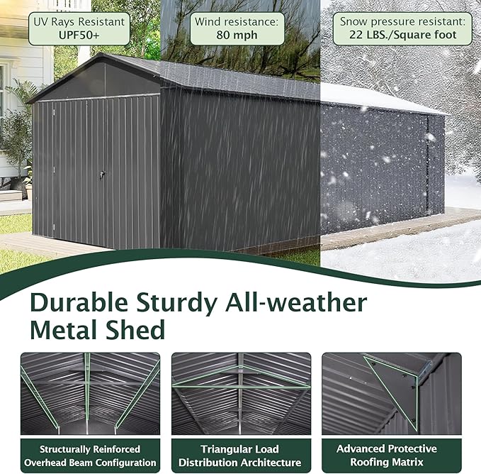 12x15FT Metal Storage Shed, Metal Garage Shed or Heavy Duty Carport, Lockable Double Hinged Doors, Extra Large Car Shelter for Car Truck Motorcycle Lawn Equipment, Wind Resistant