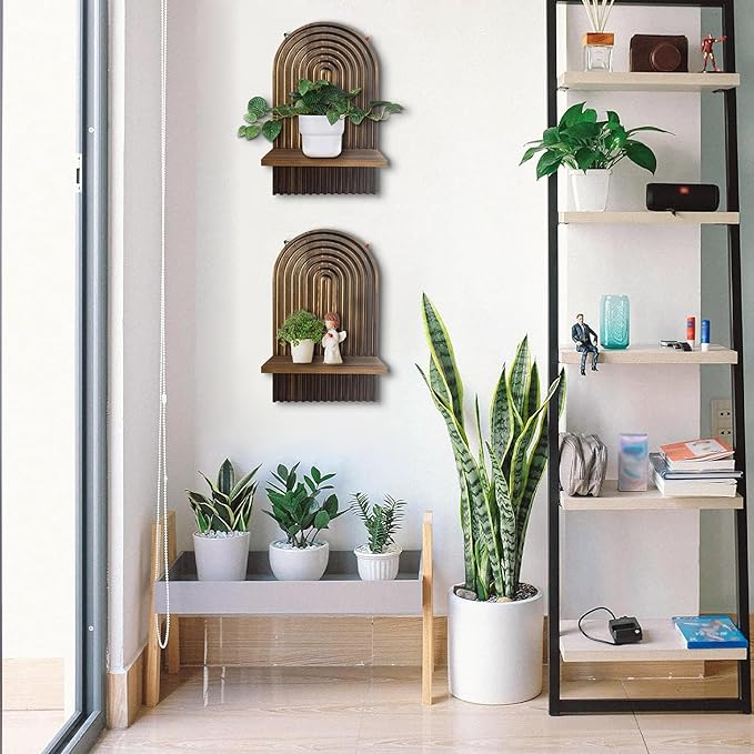 LIYAOLI Boho Shelves Bohemian Decorative,Vintage Wall Shelf Boho Chic Wall Decor for Living Room 2 Pieces 15 x 8.6 Inch Wooden Vintage Shelf Decor Hanging Shelves for Wall Mounted Candle Holder