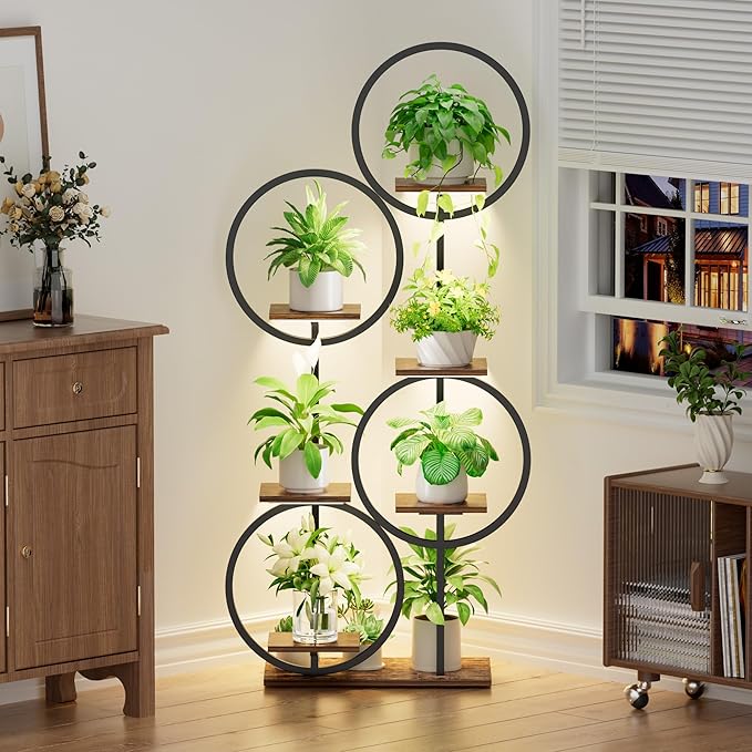 Plant Stand Indoor with Grow Lights - 6 Tiered 55" Round Corner Plant Stands for Indoor Plants, Plant Shelf with Grow Light, Multiple Metal Lighted Plant Stand for Balcony, Living Room, Patio