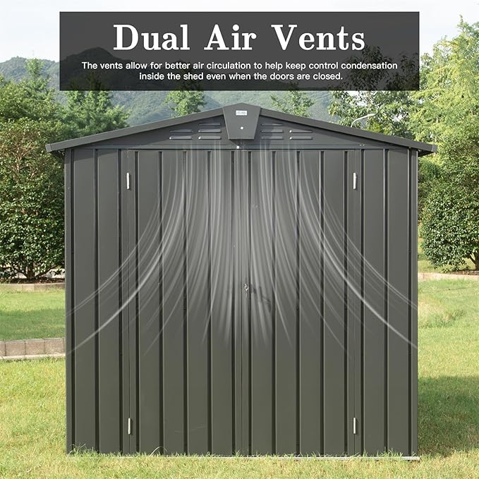 Metal Garden Storage Shed 6.5x4.2ft Outdoor, 167 Cu.Ft Large Capacity Tool Shed with Spire Roof & 20 Vents - Galvanized Steel Lockable Double Doors for Backyard, Patio (Dark Gray)