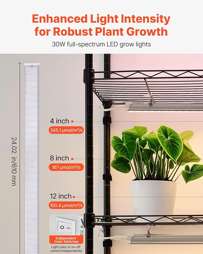 VEVOR Plant Shelf with Grow Light, 6-Tier Indoor Plant Stand, 71in Tall Plants Display Rack with Wheels & 4/9/14H Timer, 150W 3-Color Full Spectrum Grow Lights, Flower Pot Holder for Seed Starting