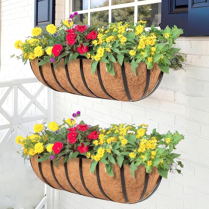 24'' Window Box Railing Planter with Coco Liner,2 Pack Horse Trough Planters Black Metal Hanging Flower Planters Basket for Porch Fence Patio Indoor Outdoor Lawn