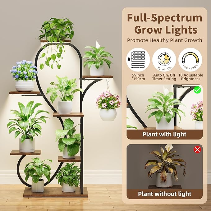 POZILAN Plant Stand Indoor with Grow Lights - 47" Plant Shelf Indoor, 7 Tiered Plant Stands for Indoor Multiple Plants, Metal Corner Plant Holder, S-Shaped for Living Room, Patio, Home Décor, Black