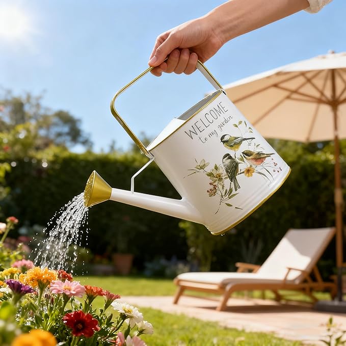 Vintage Metal Watering Can with Gold Accents & Bird Floral Welcome to My Garden Design Garden Decorative Watering Pot Farmhouse Waterer for Home Indoor Outdoor Balcony Courtyard (White)