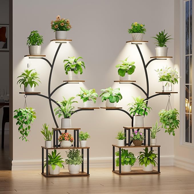 Plant Stand Indoor with Grow Lights - Large Plant Shelf Indoor, 63" 8 Tier Tall Plant Stands for Multiple Plants, 2 Pack Lighted Corner Flower Shelf, Tree-Shaped Metal Holder for Living Room, Black