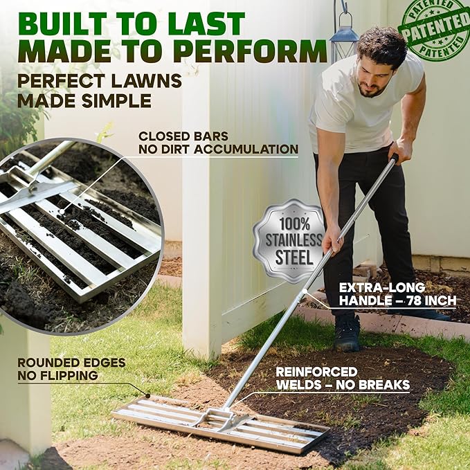 Oris Garden® Lawn Leveling Rake 36 inch - Ground Leveler for yard, sand, soil, grass - Dirt leveling tool, heavy duty stainless steel rakes for golf, grading, gravel, pool seeding, levelling (36 inch)