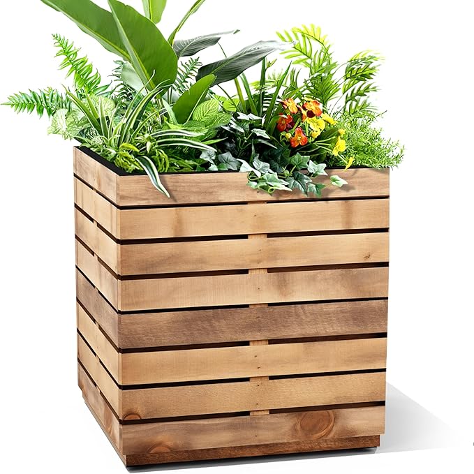 FENCY Metal Planter Box, Large Rectangular Planters for Outdoor Plants, Outdoor Tall Planters with Drainage Holes, Walnut Finish Metal Planters (17″ × 17″ × H18″)