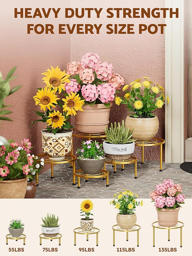 5 Pack Metal Potted Plant Stands,Flower Pot Stand Holder,Heavy Duty Plant Shelf for Multiple Plant,Rustproof Planter Container Round Supports Display Rack for Home(GoldCircle)