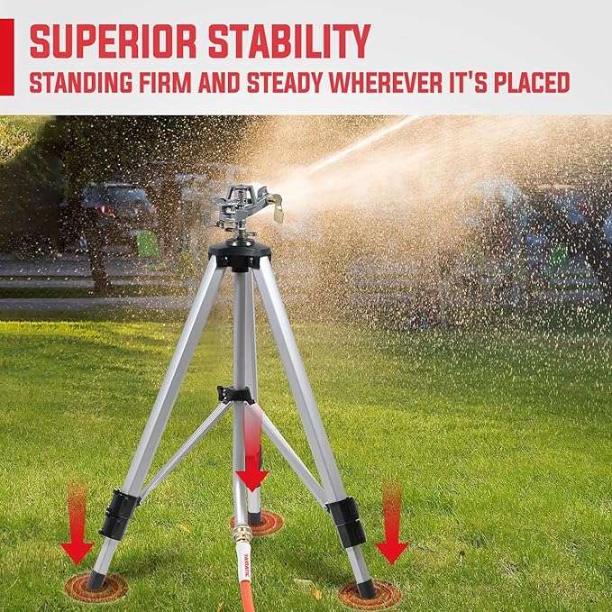 YAMATIC Impact Sprinkler on Adjustable Tripod Base, 360 Degree Large Area, Heavy Duty Adjustable Pulsator Sprinkler for Lawn, Yard and Grass Irrigation, Spray up to 20-90ft(Zinc Head)