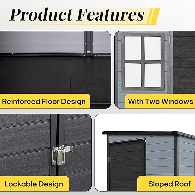 4x8ft Lean to Shed, Resin Outdoor Storage Shed with Floor and 2 Windows, Plastic Sheds & Outdoor Storage Clearance for Patio Furniture, Garden Tools Bike Accessories, Beach Chairs, Black+Grey