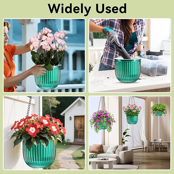 ZeeDix 3 Pack-6.5 Inch Hanging Planters for Indoor Plants, Self Watering Hanging Plant Pots with 3 Hooks and Drainage for Home, Wall, Window Decor Outdoor Use (Green, 6.5 inch)