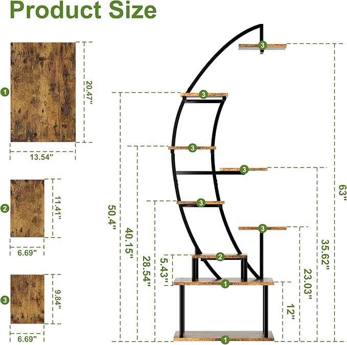 Plant Stand Indoor with Grow Lights, 9 Tier 63" Metal Plant Shelf for Multiple Plants, Tall Plants Shelves Corner Flower Holder, Half Curved Shape Plant Display Rack for Living Room, Balcony, Patio