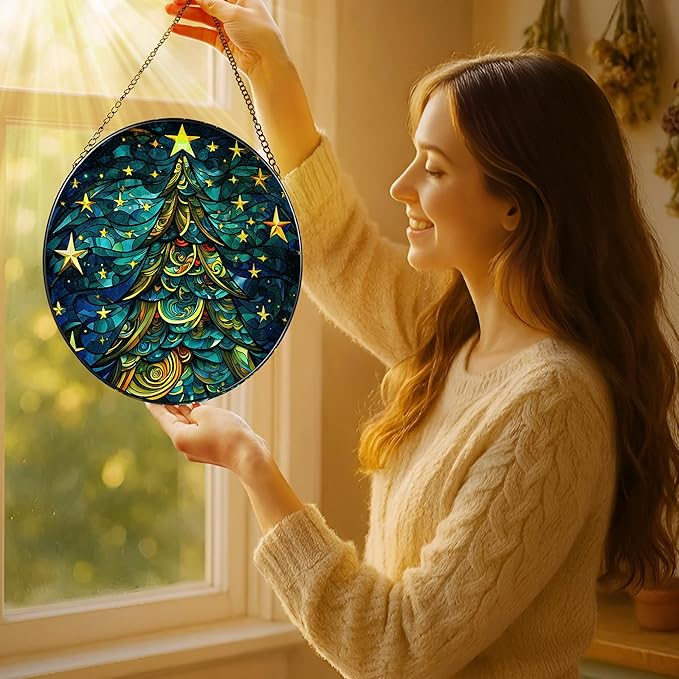 8-Inch Christmas Tree Suncatcher Ornament, Stained Glass Window Hanging & Stained Glass Holiday Ornament, Sun Catcher Window Decor — Keepsake Gift for Family, Coworkers & Friends, Gifts for Christmas