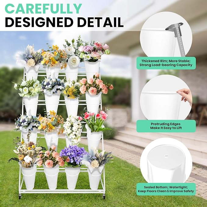 Flower Display Stand with Buckets, 4 Layers 16PCS Buckets Metal Flower Cart Display Stand with Wheels, for Patio Garden, Living Room (4 Layers White Round Bucket)