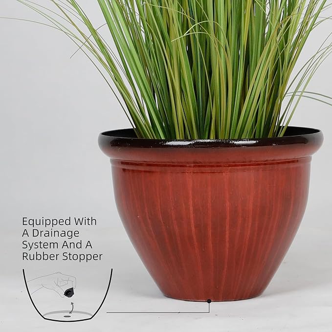 Worth Garden 12-Inch Dia. Round Red Plastic Planters with Drain Holes, 9.5-Inch Height - 4-Pack Glossy Finish Bell-Shaped Plant Pot – Lightweight Indoor/Outdoor Flower Pots