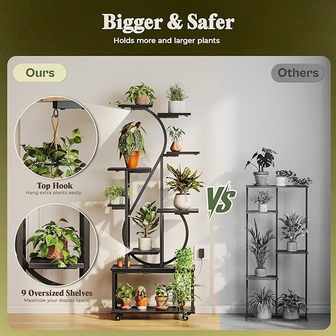 PRAISUN 65 Inch Plant Stand with Grow Light, 9 Tiered Indoor Plant Shelf with Larger Flower Holder, Music Note-shaped Stand with Top Ring Hook , Corner Plant Rack for Living Room, Black