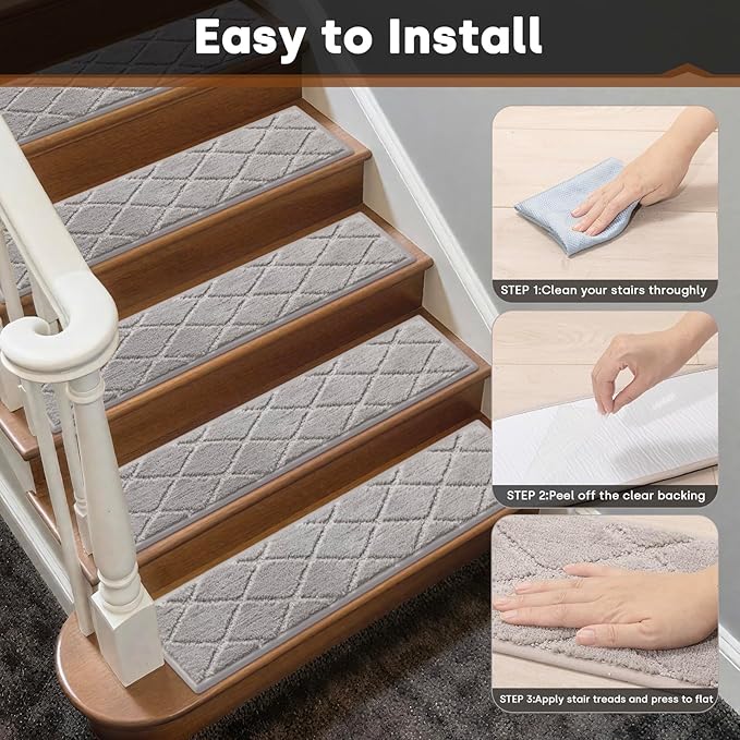 JOENIE Non-Slip Edging Stair Treads Carpet Mat 30inX8in Indoor Stair Runners for Wooden Steps, Edging Stair Rugs for Kids and Dogs, 100% Polyester TPR Backing (Grey, 12pc)