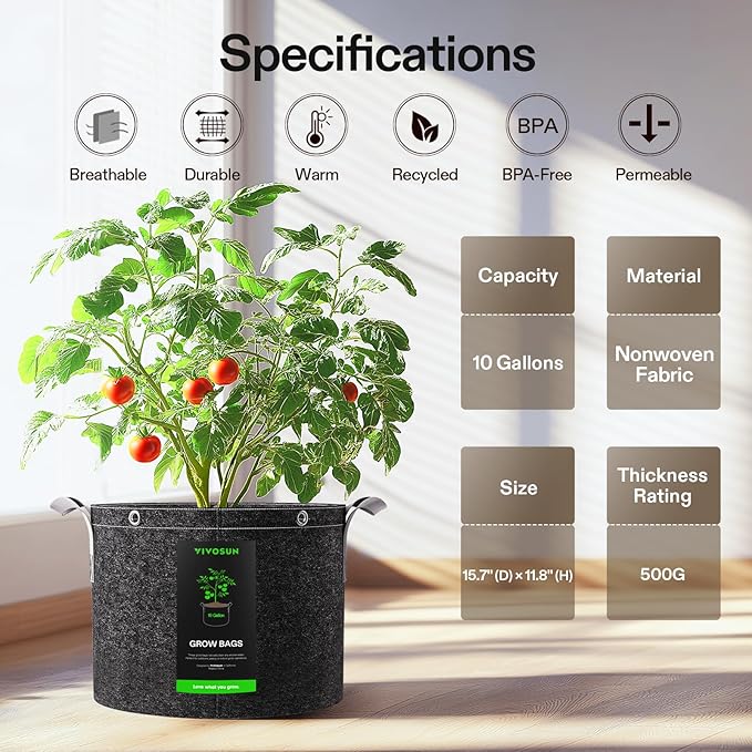 VIVOSUN 5-Pack 10 Gallon Grow Bags, 500G Thick Nonwoven Fabric Pots with Strap Handles, Multi-Purpose Rings, for Low Stress Plant Training Fruits, Vegetables, and Flowers