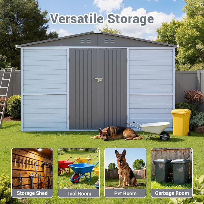 8x10FT Outdoor Storage Shed with Lockable Doors & Slooping Roof Wood & Metal Garden Tool Shed for Backyard, Patio, Poolside