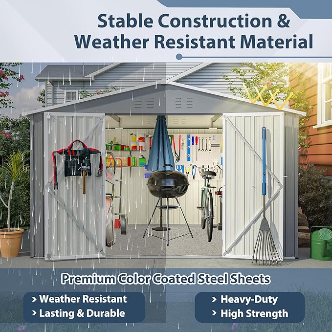 Favfurish 10×8 FT Metal Outdoor Storage Shed, Large Garden Sheds with Lockable Doors, All Weather Anti-Corrosion Galvanized Steel Tool House for Backyard Garden Lawn,Grey