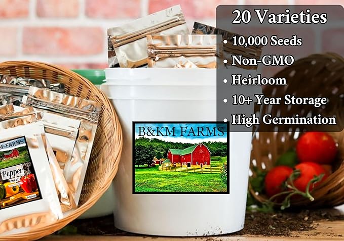 Beginner Survival Seed Vault: 10,000+ Heirloom & Non-GMO Seeds (20 Easy to Grow Varieties) by B&KM Farms