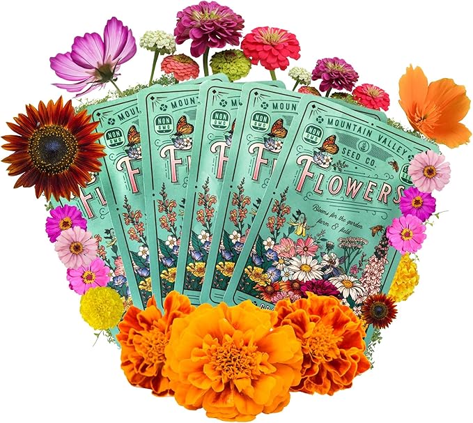 Flower Garden Seed Collection - 6 Varieties of Flower Seeds for Planting, ~2,000 Seeds - Includes Zinnia Seeds for Planting, Marigold, Poppy, Cosmos, Sunflower, & Painted Daisy - Non-GMO Flower Seeds