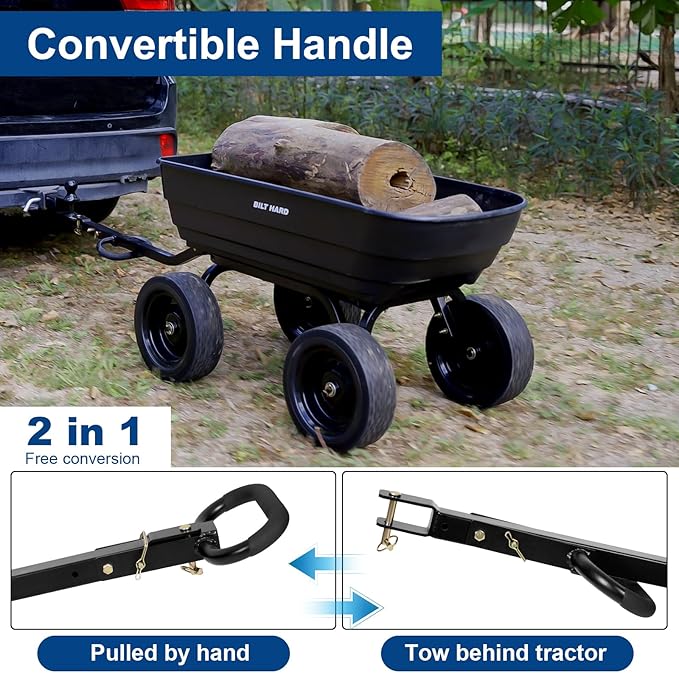 BILT HARD 7 Cu Ft Poly Garden Dump Cart 1200 lbs with No Flat Tires, Quick Release, 2-in-1 Convertible Handle, Dump Wagon Heavy Duty for Yard, Outdoor