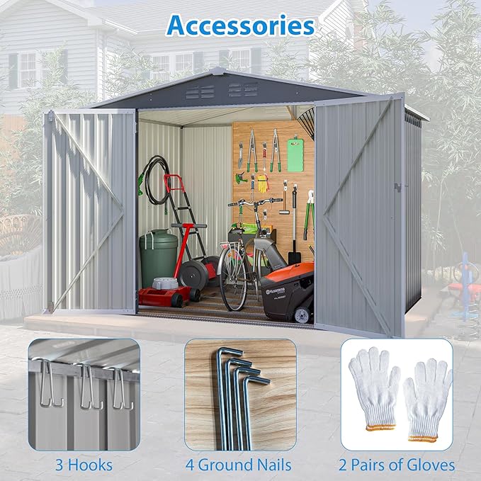 8x6 ft Outdoor Waterproof Metal Storage Shed with Foundation Floor Frame, Lockable Hinged Doors & Air Vents, All Weather Garden Tool Shed for Backyard Lawn, Galvanized Steel - Grey