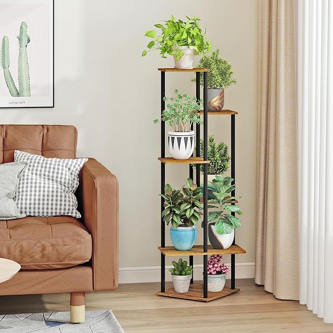 Tall Plant Stand Indoor, 6-Tier Modern Plant Shelf for Multiple Plants, Wood Metal Flower Holder for Living Room Balcony Bedroom, Rustic Brown