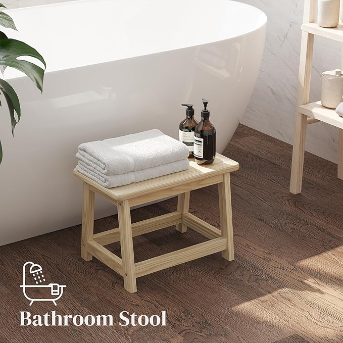 Wood Stool, Small Bench Seat, Wood Bathroom Vanity Bench, Plant Stand, Shoe Changing Handmade Stool for Kids or Adults (Natural, Small)