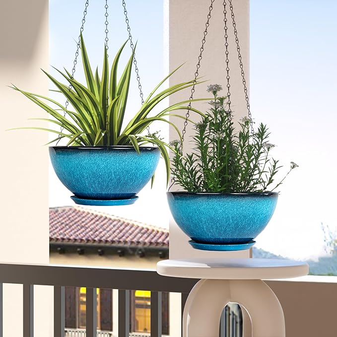 2 Pack 10 inch Hanging Planters, Plastic Hanging Plant Pots with Drainage Hole and Chain, Hanging Flower Pots for Outdoor Indoor Plants (Blue)