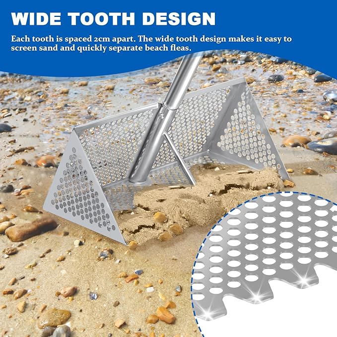 Sand Sifter, 304 Stainless Steel, 16'' Basket with Sharp Teeth, 60" Ergonomic Handle | Equipped with Clam Rake, Sand Flea Sifter, Black Beach Shovel and 5L Bucket