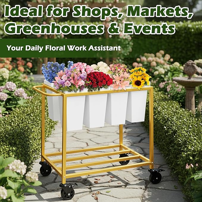 Flower Cart with 8 Buckets,Flower Cart Display Stand with Wheels,Bloom Bar,Flowers Stand for Wedding ,Party and Home Decor,Gold