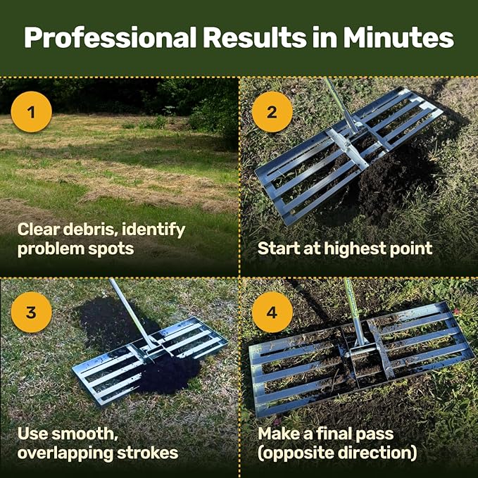 Lawn Leveling Rake 30″ x 10″ – Heavy Duty Carbon Steel Ground Leveler Tool for Yard, Soil, Sand & Grass – Professional Landscape Rake for Lawn, Garden & Golf Course