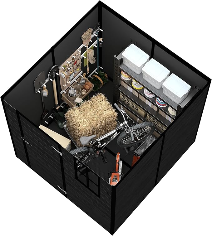 Outdoor Storage Resin Shed with Floor, Waterproof Plastic Garden Bike Shed with Lockable Door, Sloped Roof, Vents & Windows, Tool Shed for Patio, Backyard, Lawn (Wood Grain Black, 5.5X5.5FT)