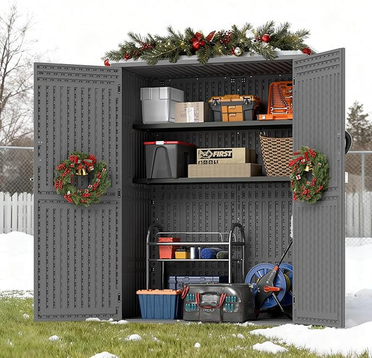 EHHLY Vertical Resin Storage Shed with 2 Shelves, 60 Cuft Garden Tool Sheds & Outdoor Storage, Plastic Outdoor Storage Cabinet Waterproof, 4.5 x 2.3 ft Backyard Outside Lawn Mower Storage Shed, Grey