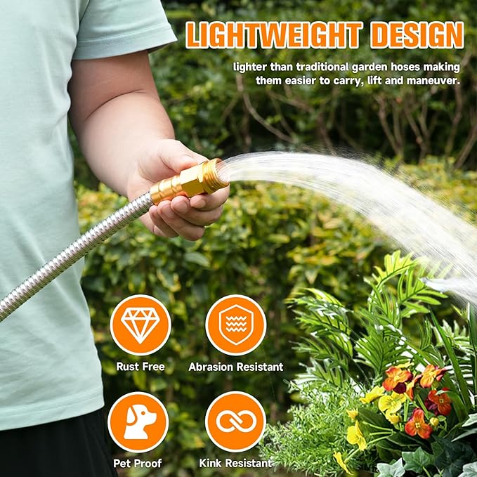 Garden Hose 10 FT, 304 Stainless Steel Metal Water Hose, Heavy Duty Flexible Leader Hose, Short Water Hose Kink Free Hose for Rv, Outdoor, Yard, No Bite, Leak proof and Durable