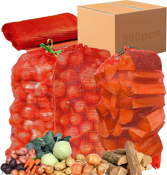 300 Pack Mesh Onion & Potatoes Storage Bags – 31'' x 20'' Reusable Drawstring Bags for Onions, Potatoes, Citrus, Vegetables, Crawfish & Firewood – Bulk Fresh Produce Bag