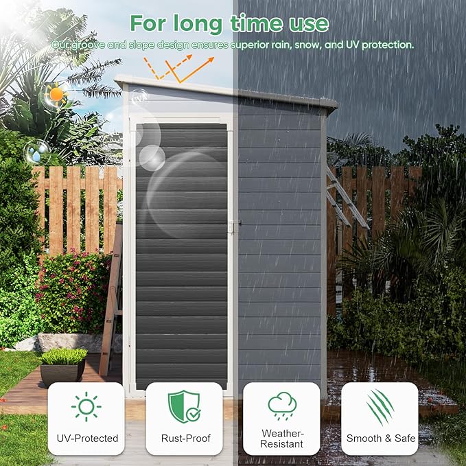 4x8 FT Plastic Storage Sheds Outdoor with Floor and Openable Window, Lean to Resin Shed Easy to Install, Compact Sheds & Outdoor Storage/Tool Shed for Garden & Backyard, Gray