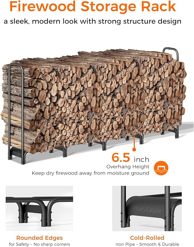 Firewood Rack, 8ft Heavy Duty Fire Wood Storage Racks for Indoor Outdoor, Metal Log Holders for Firewood, Fireplace Wood Pile Storage Stacker Organizer, Black