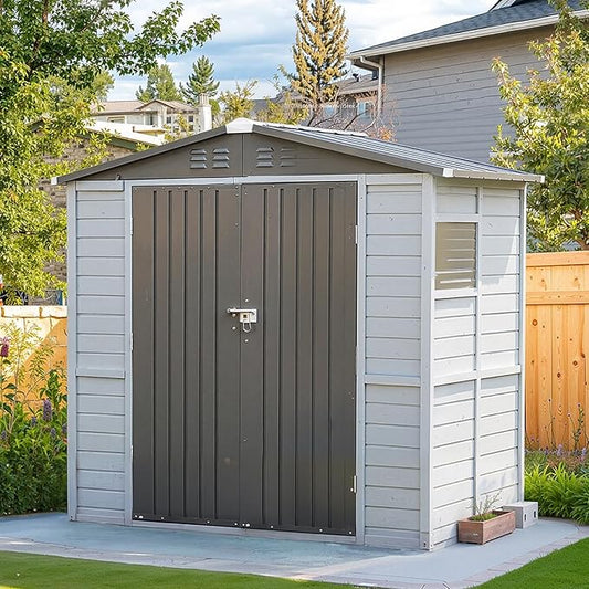 6x4 FT Outdoor Weatherproof Storage Shed, Secure Wood Bike Shed w/Lockable Entry, Garden Storage Solution for Lawn Equipment, Tools, Waste Bin(Gray)