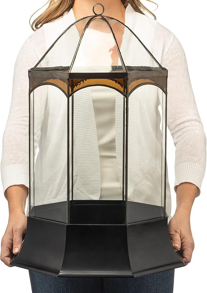 H Potter Eight Sided Terrarium Wardian Case with Curved Glass and Brown Accents Large